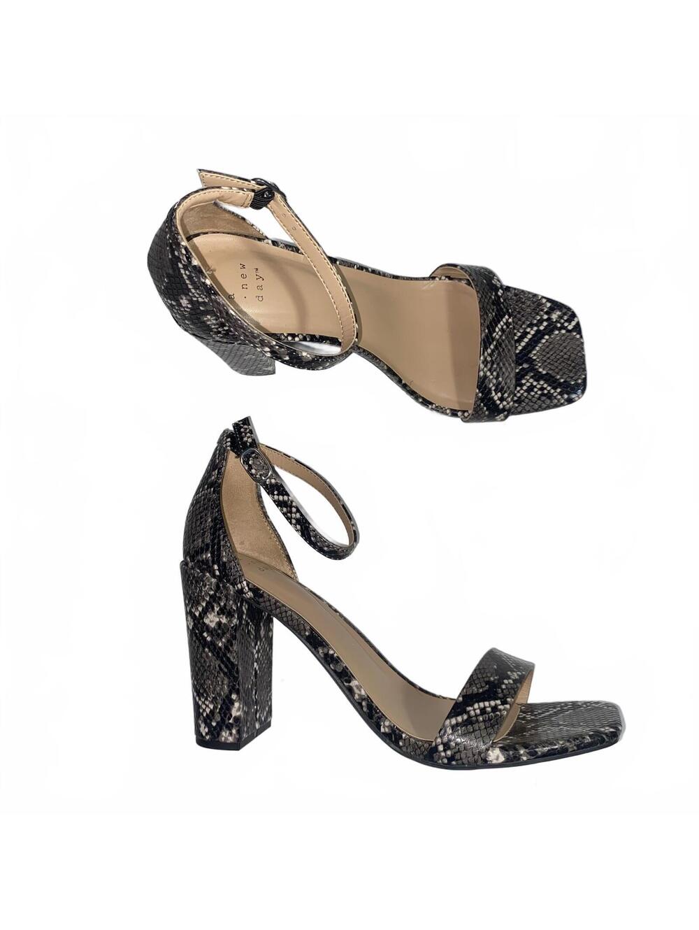 A New Day Snake Print Block Heel Sandals Size 11 Ankle Strap Statement Heels
